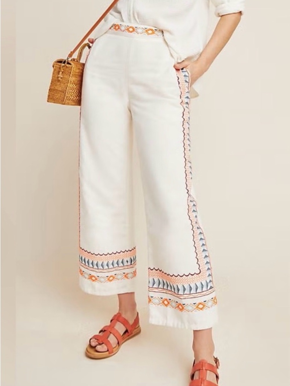 Embroidered Wide-Leg Cream Crop linen blend Pants